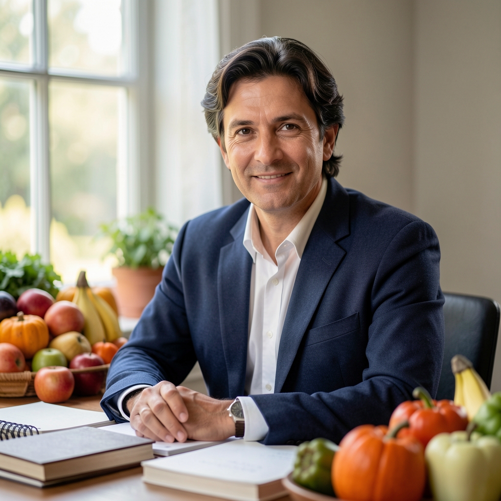 Editorial portrait of the founding editor at a desk with notebooks, seasonal produce, and daylight through a window