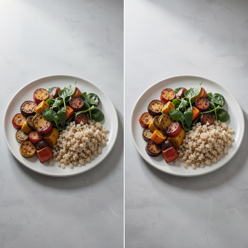 Two identical plates side by side showing different portion sizes of the same meal — roasted vegetables with grains and greens
